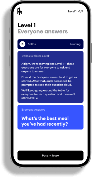 A phone showing the Outpost game: Level 1, with a prompt and a guided question for the table.