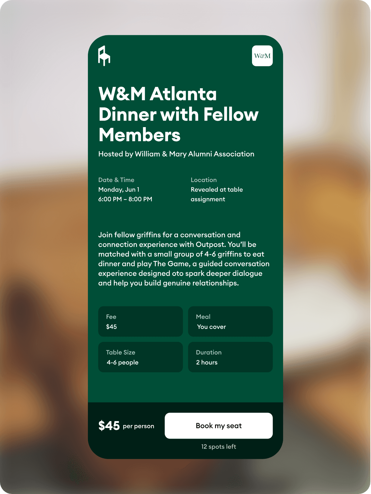 A branded registration page with an event hero, organization branding, key event details, and a clear “Book my seat” CTA.
